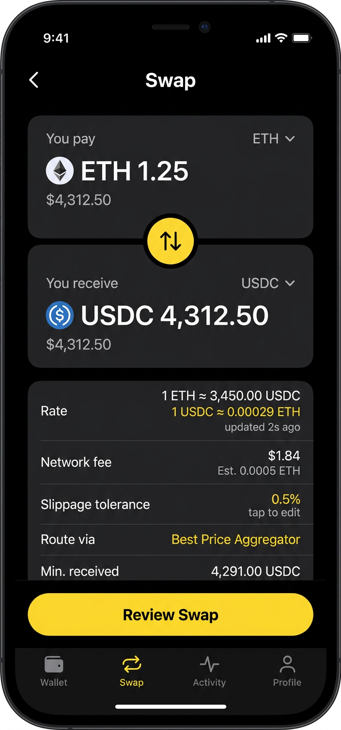 DueWallet swap screen exchanging ETH for USDC